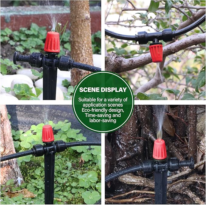 Kalolary 30Pcs Push-to-Fit Drip Irrigation Spray Emitters for 1/4" Tubing,Three-Way Adjustable Atomizing Nozzle Micro Irrigation Dripper Sprinklers with 6PCS End Plugs for Irrigation System(Red)