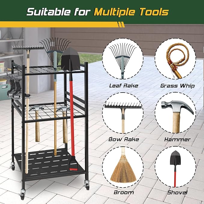 Garden Tool Organizer, 3-Tier Yard Tool Storage Rack with 35 Slots & 3 Hooks, Heavy Duty Garage Organizer for Shovels, Rakes & Brooms (33.6" x 11.5" x 17")