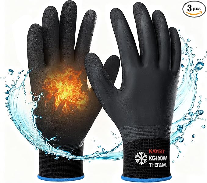 KAYGO Winter Waterproof Work Gloves for Men and Women, 3 Pairs Thermal Insulated Freezer Rubber Coated Gloves,Super Grip,KG160 (M, Black)
