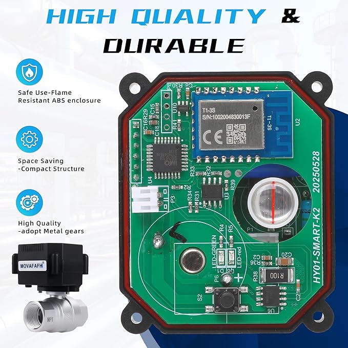 1/2" WiFi Motorized Ball Valve - Smart Water Timer Automatic Shutoff Sensor,5V DC USB Connection,Stainless Steel