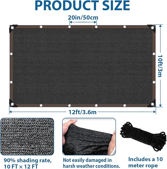 90% Shade Cloth, Chicken Coop Shade Cover, Sturdy Sunblock Mesh Tarp with Grommets for Patio Plants Greenhouse Kennel Porch Pergola Sun Protection Neting Cover, 10 x 12 FT