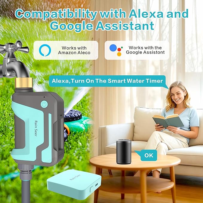 Smart WiFi Sprinkler Timer with 1666 Feet RF Gateway, Brass Inlet Water Timer for Garden Hose, App Remote Control with Alexa, Rain Delay and Manual Mode for Garden and Lawn.