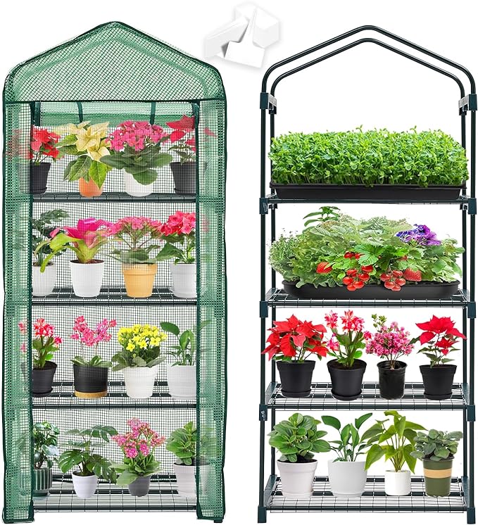 Purlyu Mini Greenhouse for Indoor Outdoor,Plant Green House 4-Tier Rack Stand Portable Greenhouses with Durable PE Cover for Seedling, 2.5x1.6x5.2 FT Ideal Gardening Gifts for Women Men(PLGH704G)