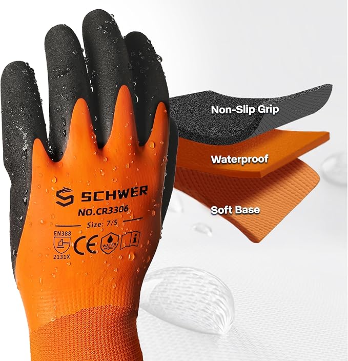 Schwer 2 Pairs Waterproof Work Gloves for Men and Women CR3306, Gardening Gloves with Double Latex Coated, Non-slip Working Gloves, Outdoor Construction, Car and Fish Cleaning, No Fleece Lining, XL