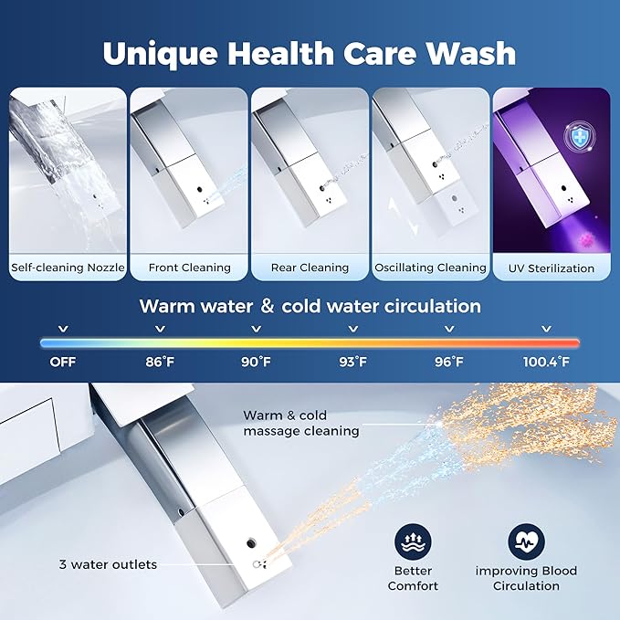 Smart Toilet Instant Warm Water, Heated Seat, Auto Open/Close, Pump-assited Powerful Auto Flush，Self Cleaning Nozzle, Water Filter, ADA Comfort Height, Night Light, Air Dryer,Built In Tank & Bidet