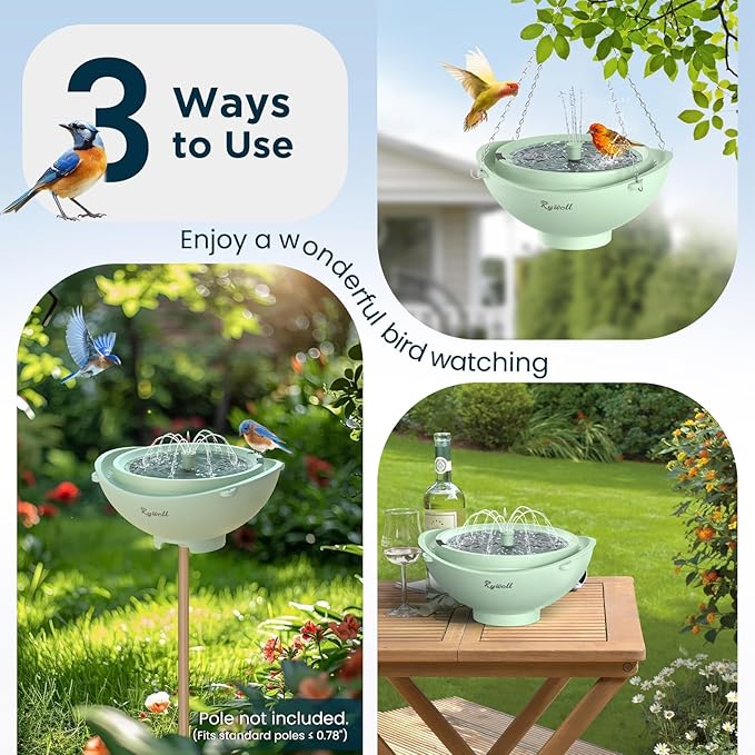 Rywell Solar Bird Bath with 3 Spray Modes, 2L Large Capacity Solar Fountain, Hanging/Standing Bird Bath with Filter & Auto Shut-Off, Quiet Pump for Garden Yard Outdoor