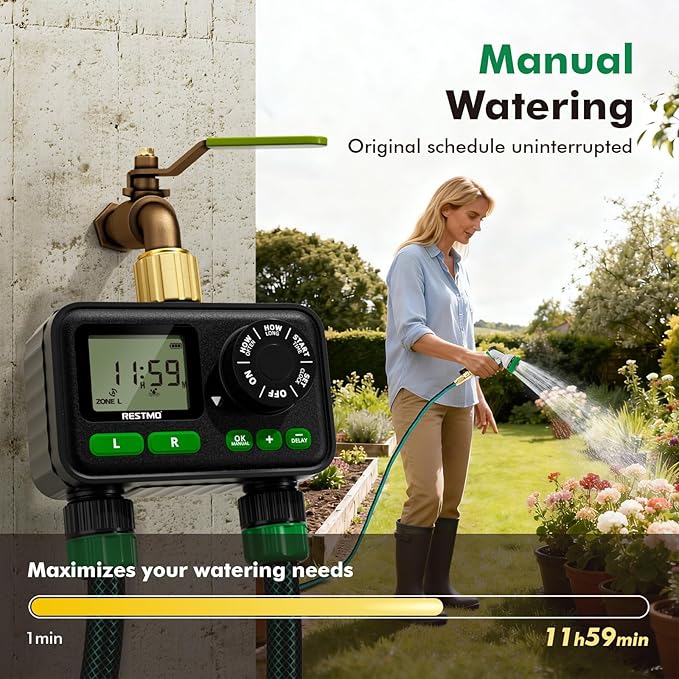 RESTMO Sprinkler Timer for Outdoor Hose Faucet 2 Zone, Up to 11h59m Programmable Watering Timer for Soaker Hose, Misting with Brass Inlet & Large Dial, Rain Delay/Manual/Automatic Irrigation System