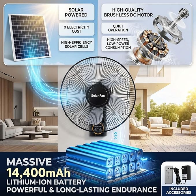 Waterproof 16" Outdoor Solar Wall Mount Fan, Heavy Duty Oscillating Fan with Remote & Timer, 3 Speeds Adjustable Tilt Quiet Fan for Greenhouse, Patio, Commercial Use