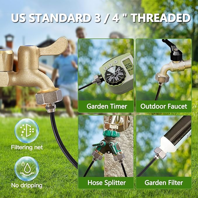 Misters for Outside Patio with Water Filter - 33Ft(10M) Misting System Line 9 Brass Mist Nozzles Brass Adapter(3/4") Patio Misters for Cooling Outdoor Greenhouse Backyard Porch Garden BBQ Party Pool