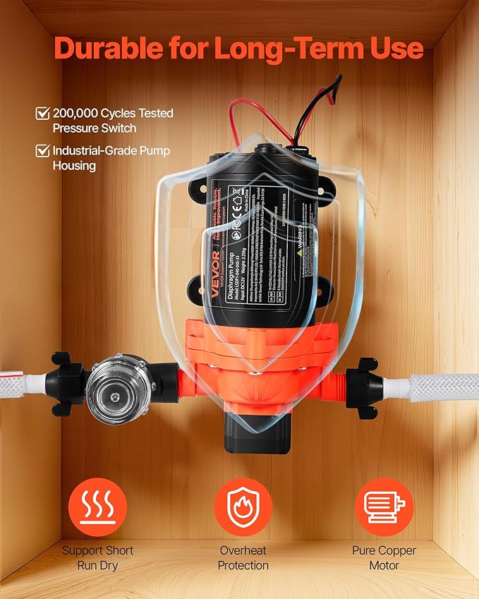 VEVOR RV Water Pump, 12V DC 4 GPM (15.1 L/min), 3-Chamber Self-Priming Diaphragm Water Pump with Automatic Pressure Switch, 40 PSI Max Pressure, On Demand for RV, Caravan, Marine, Yacht, Car Washing