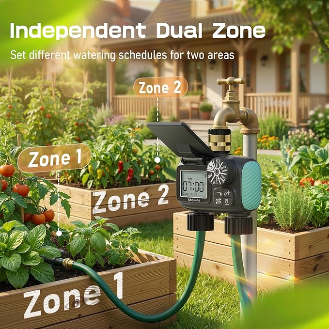 2 Zone Solar Water Timer, Hose Timer with Solar Charging, Sprinkler Timers for Garden Hose with Auto/Manual/Rain Delay Modes, Digital Drip Irrigation System for Lawn/Patio/Garden