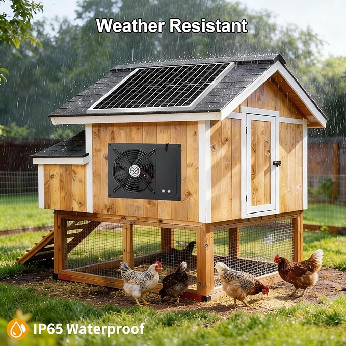 25W Solar Exhausted Fan with Battery, 2 Wind Speed, IP65 Waterproof 7.1" Solar Powered Ventilation Fan for Chicken Coop, Greenhouse, Shed and Dog House (16.4FT Cord)