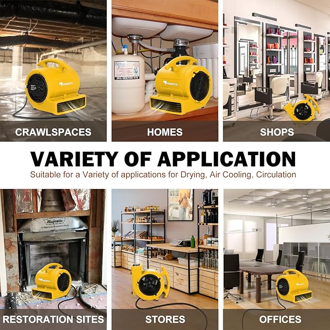 MOUNTO 1/4hp 1000CFM 2 Speed Air Mover Carpet Dryer Floor Fan Cooling Fan (Yellow)