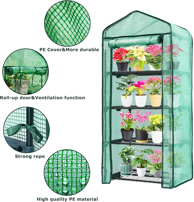 Purlyu Mini Greenhouse for Indoor Outdoor,Plant Green House 4-Tier Rack Stand Portable Greenhouses with Durable PE Cover for Seedling, 2.5x1.6x5.2 FT Ideal Gardening Gifts for Women Men(PLGH704G)