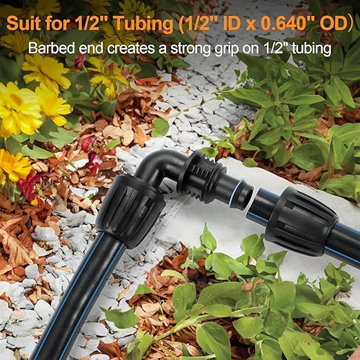 Drip Irrigation Elbow Fittings, 12 Pieces 1/2'' Dripline Locked Barbed Elbow Connectors for 1/2 Inch Irrigation Tubing (1/2" ID x 0.650" OD) 90 Degree Corner for Garden Sprinkler Systems