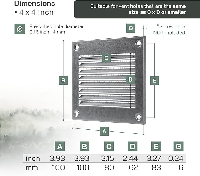 Vent Systems 4'' x 4'' Inch (Overall Dimensions) Galvanized Air Vent Cover - Metal Air Return Grill with Built in Guard Screen Mesh - HVAC Ducting Vent Duct Cover for Interior, Exterior Use