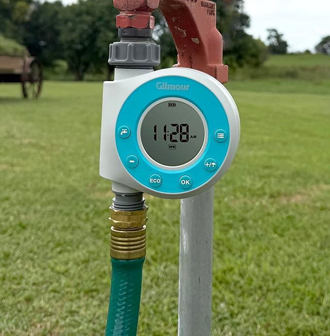 Gilmour Single Outlet Water Timer for Garden Hose, Programmable Automatic Watering System, LCD Screen, Rain Delay, Battery Operated