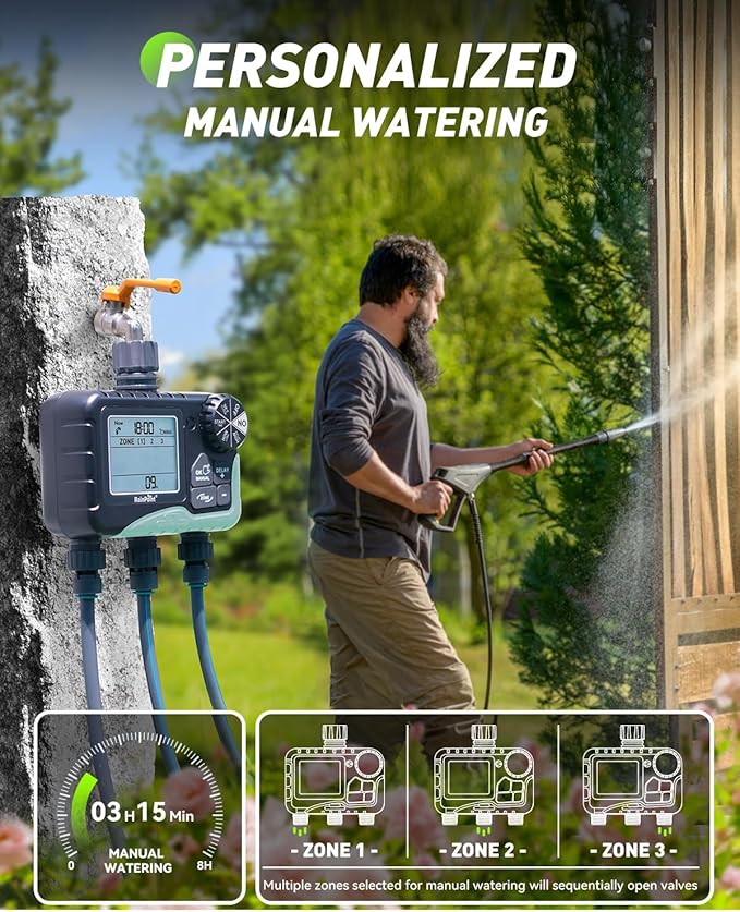 RAINPOINT Sprinkler Timer 3 Zone, Programmable Water Timer for Watering with Automatic/Manual/Rain Delay/Watering Mode, IP65 Waterproof, Large LCD
