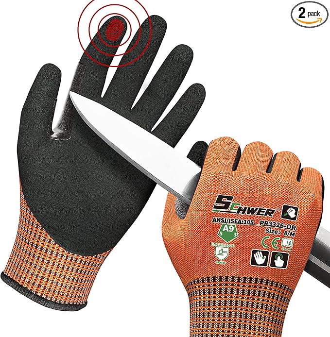 Schwer ProGuard Highest Level Cut Resistant Work Gloves PR3326 for Extreme Protection, ANSI A9 Cut Gloves with Reinforced Thumb, Non Slip, Durable, Touch-screen, Orange 2 Pairs（M）