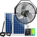 Solar Fan Wall Mount Waterproof, Metal Solar Powered Fan with Battery & Adjustable Thermostat, 18" Heavy Duty Outdoor Fans for Patios 3 Speeds, 180° Tilt