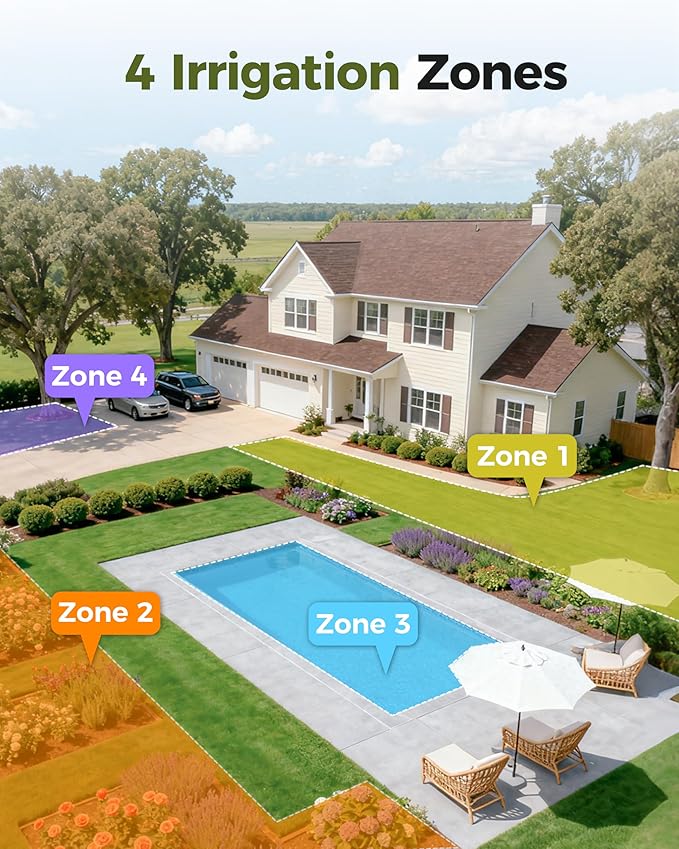 Diivoo 4 Zone Sprinkler Timer with Brass Inlet, IP68 Waterproof 4 Zone Water Timer with Large Display, Digital Control & Rain Delay & Manual Watering for Garden Hose, Lawn, Yard