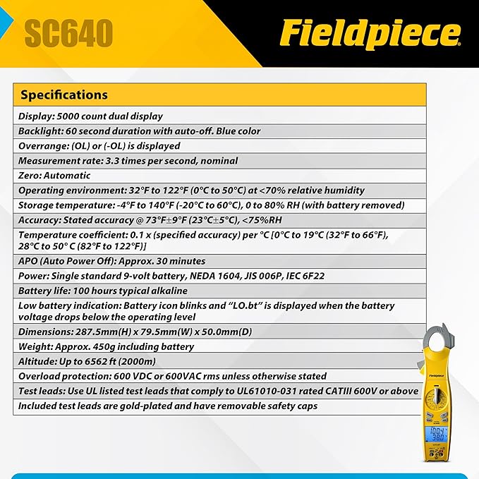 Fieldpiece - SC640 Swivel Clamp Meter with Dual Display, Inrush Current, LED Jaw Flashlight and Backlit Display - HVAC Tools