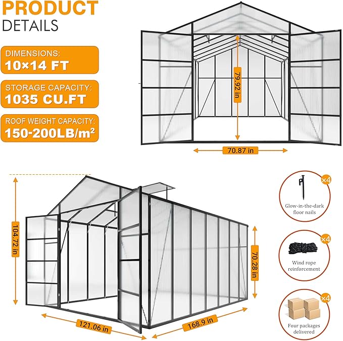104in High 10x14FT Greenhouse for Outdoors, Polycarbonate Greenhouses with Stronger Wind Protection and Roof Vent, Walk-in Large Aluminum Winter-Proof Sunroom, Black
