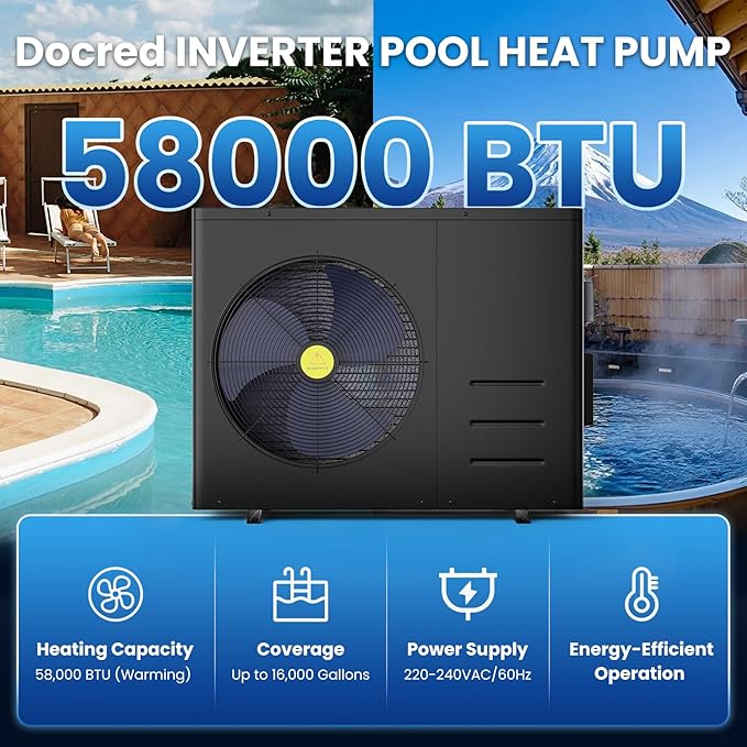 DoCred 58,000 BTU Inverter Swimming Pool Heat Pump, Pool Heater for Above Ground and Inground Pool up to 16,000 Gallons, Smart WiFi Control, COP 14.86, Timer, 220-240 V