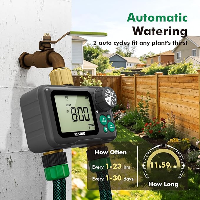 RESTMO Remote Control Brass Sprinkler Timer for Outdoor Hose Faucet 2 Zone, Max 11h59m Programmable Water Timer for Soaker Hose, Misting with Large Dial, Rain Delay/Manual/Automatic Irrigation System