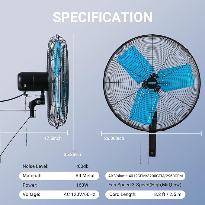 20 Inch Wall Mount Fan Oscillating High-Velocity Fans 5500 CFM, 3 Speed Industrial Wall Fan with 90°Horizontal 30°Tilt Oscillation for Warehouses, Workshops, Factories, Commercial Indoor Greenhouses