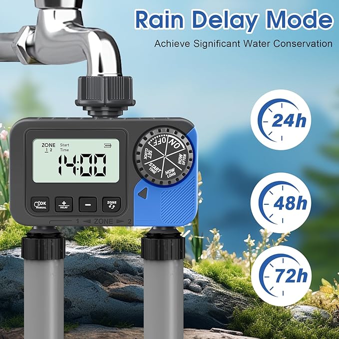 Sprinkler Timer Water Timer for Garden Hose, Sprinkler Timers 2 Zone, Smart Programmable Watering Timer with Auto/Manual/Rain Delay Modes
