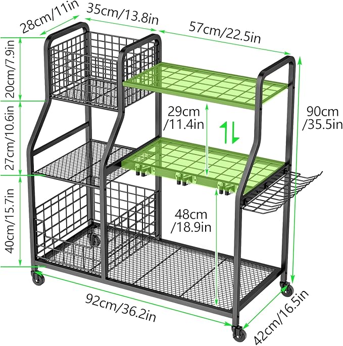 Garden Tool Organizer with 4 Wheels, Garden Tool Rack with 2 Storage Basket, 3 Tier Heavy Duty Utility Garden Tool Storage with 12 Hooks for Yard/Garden/Shed/Garage/Basement/Lawn