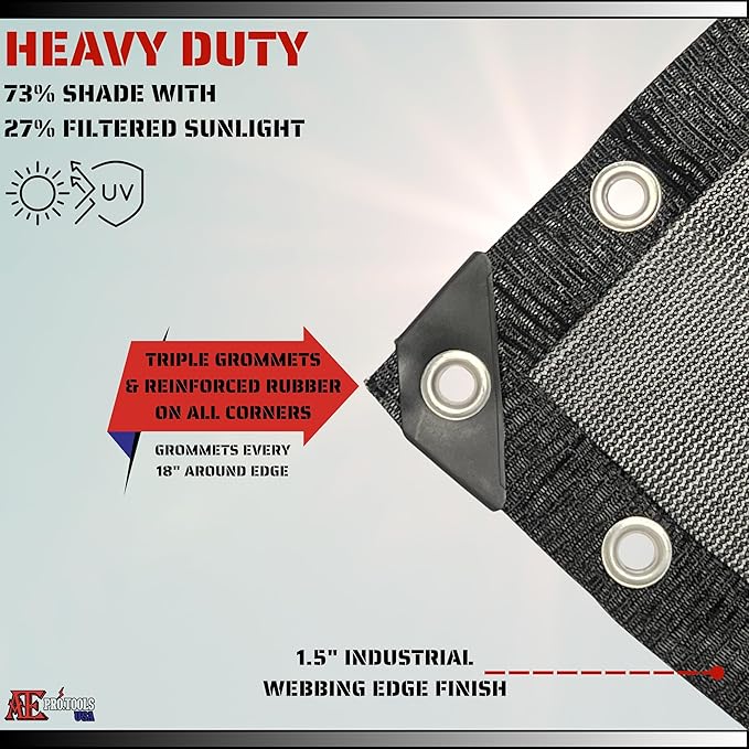 ATE Pro. USA - 7' ft. x 20' ft. Heavy Duty Black Knitted Mesh Tarp with Grommets 73% Shade Use for Shade, 27% Filtered Sunlight, UV Protection, Green House, Garden, Nursery, Canopy, Pools, Dump Truck
