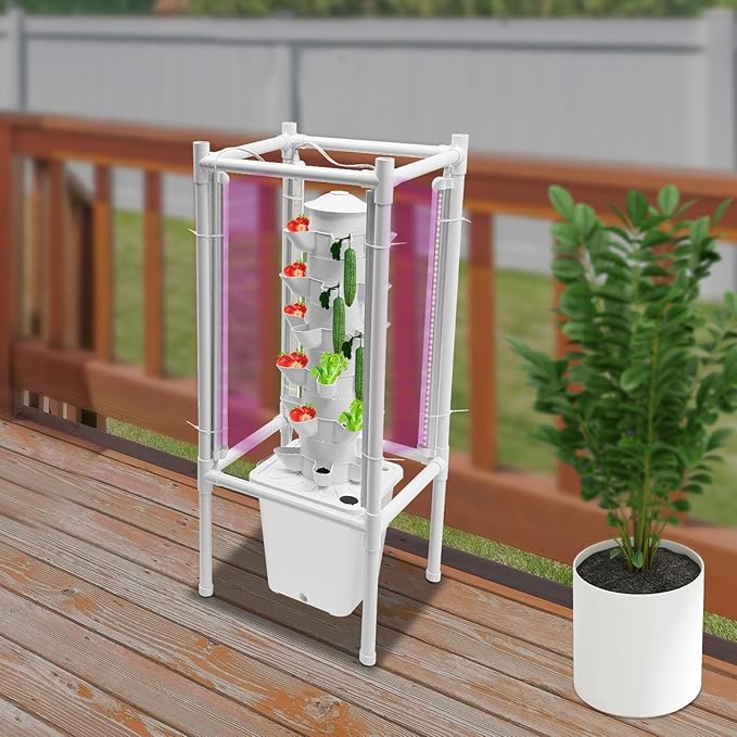 Hydroponic Growing Kit, 6 Layer 30 Planting Point Hydroponic Grow Tower with 4 LED Lamps, Vertical Tower Planter Germination Kit, Hydroponics Growing System for Garden, Office, Balcony (White)