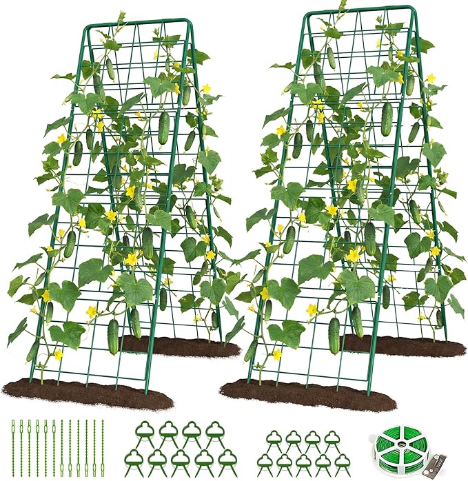 DoCred Cucumber Trellis, 71" H 2 Pack Metal Foldable Upgraded A Frame Garden Trellis for Raised Bed Climbing Plants, Vegetables, Including Plant Support Clips, Twist Ties, Plastic Ties, Green