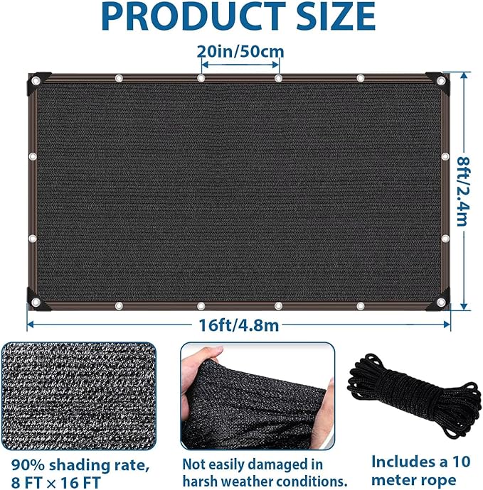 8 x 16 FT Shade Cloth -for Garden Plants, 90% Sunblock Shade Neting -for Outdoor Garden Bed Neting Mesh Pergola Patio Lawn Sun Cloth - for Dog Kennel Cover Chicken Coop