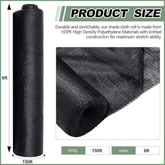70% Shade Cloth 6 x 150 ft Black Shade Cloth Roll for Covering Garden Mesh UV Resistant Net with Ties for Patio Outdoor Greenhouse Fence Flower Plant Cover Canopy
