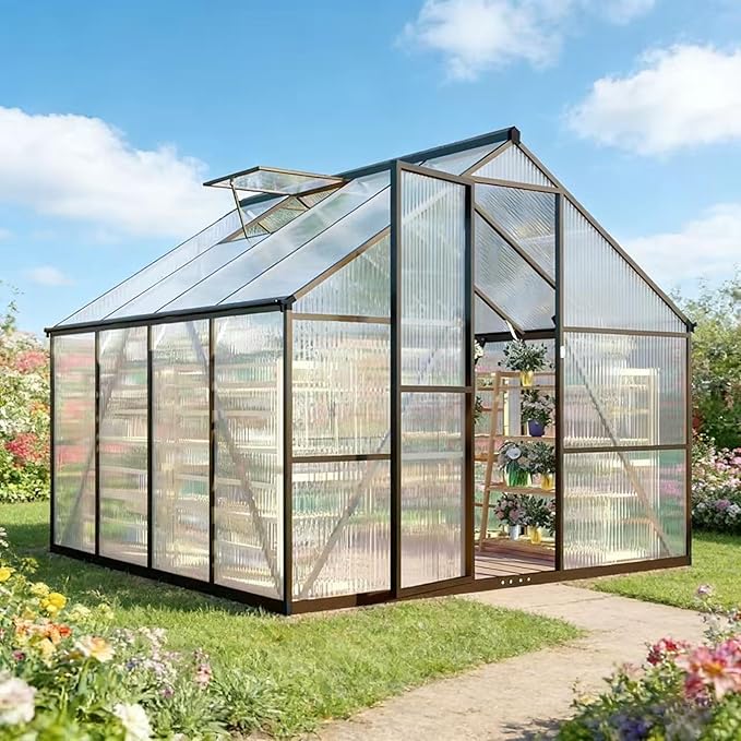 8x8 FT Greenhouses for Outdoors, Polycarbonate Greenhouse with PC Panels, Greenhouses for Outdoors for Yard, Garden, Hobby, Charcoal Black