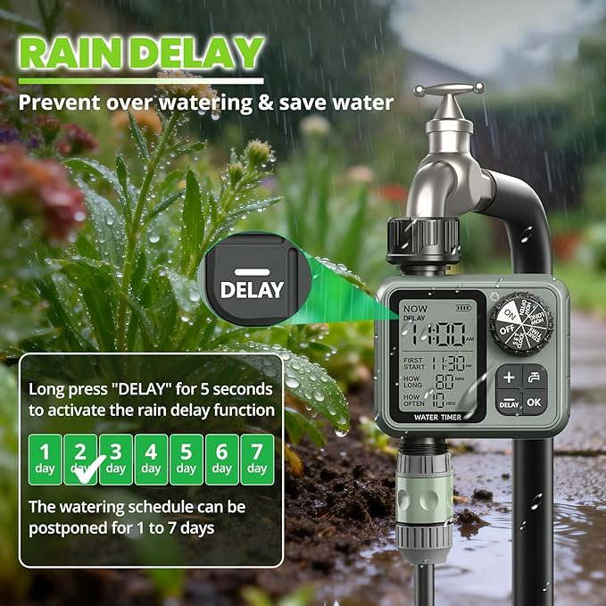 Sprinkler Timer for Garden Hose, Irrigation Water Timer with Rain Delay, Automatic Manual Watering for Lawn Yard Outdoor Drip Irrigation System