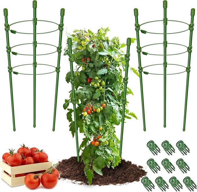 Legigo 3 Packs Plant Support Cages Tomato Cage for Garden- 18 Inch Adjustable Garden Cucumber Trellis Plant Stakes, Trellis Support Rings for Climbing Plants, Pots, Indoor Plants with 10 Plant Clips