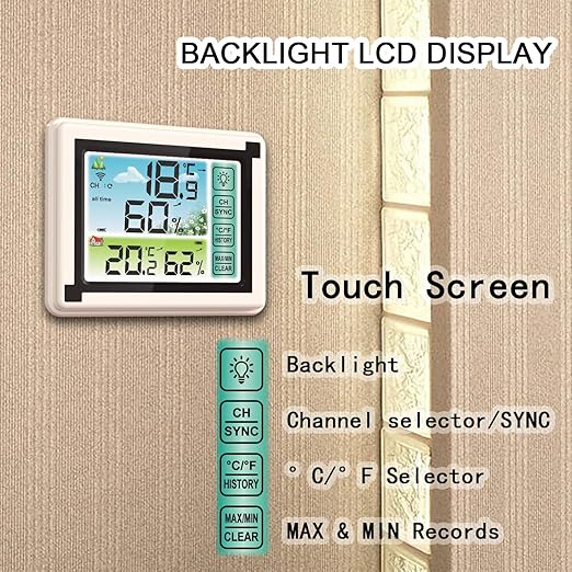 Number-one Wireless Weather Station Indoor Outdoor Thermometer with Remote Sensor, Digital Temperature and Humidity Monitor with LCD Backlight, Touchscreen, Min/Max Records for Home, Office, Baby Room