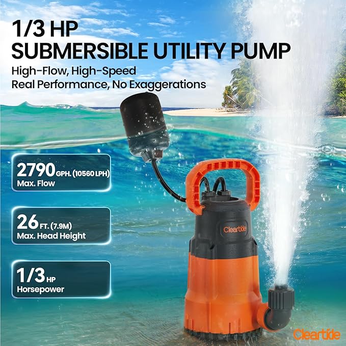 Cleartide Submersible Sump Pump with Tethered Float Switch, 1/3 HP Utility Water Pump,100% Copper Motor, Electric Drain Pump Handles 3/8" Solids, 10 FT Cord