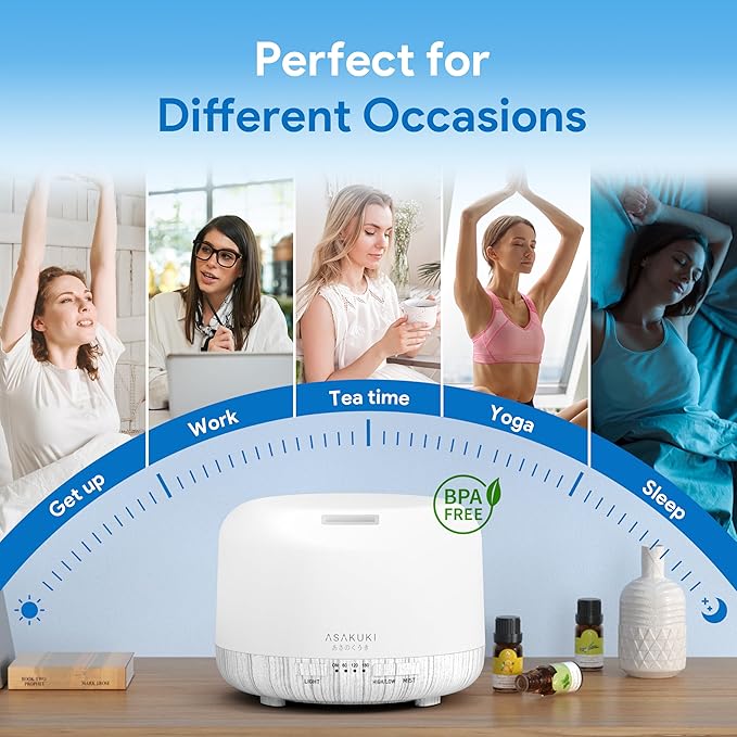 ASAKUKI Essential Oil Diffuser for Home, 500ML Aromatherapy Diffuser Humidifier with Remote Control, 7 Color LED Lights, Quiet Cool Mist Diffuser for Bedroom, Office, Gift for Mom (White)