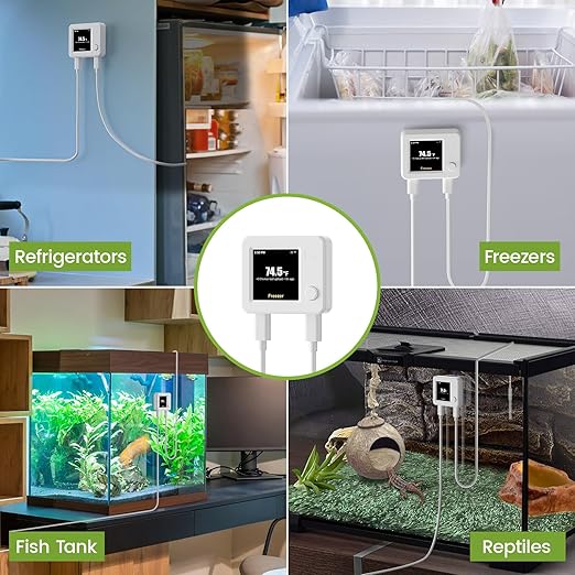 WiFi Refrigerator Thermometer 2 Pack, Freezer Alarm with App & Email Alerts, 2 Years Data Export, Smart Temperature Sensors for Home, Fish Tanks & Hot Tubs (USB Powered, No Battery)