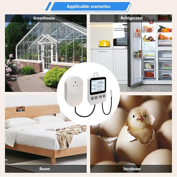 Temperature Controller Heating Cooling Mode Digital Thermostat 120V 15A Plug in Thermostat Controlled Outlet for Reptile Greenhouses Seedling Mat Incubation Terrarium
