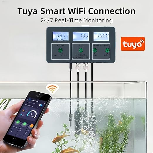 8 in 1 Water Quality Tester, Tuya WiFi Smart Water Quality Meter, DC 6V Wall Mount Digital Aquarium Water Monitor for Fish Tank Hydroponics Labs PH/S.G/EC/Salt/ORP/TDS/CF/Temp