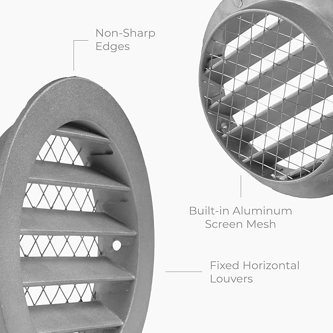 4"" Inch Round Aluminum Industrial Vent - Air Vent Louver - Soffit Grille Cover - Built-in Aluminum Screen - HVAC Ventilation, Uncoated