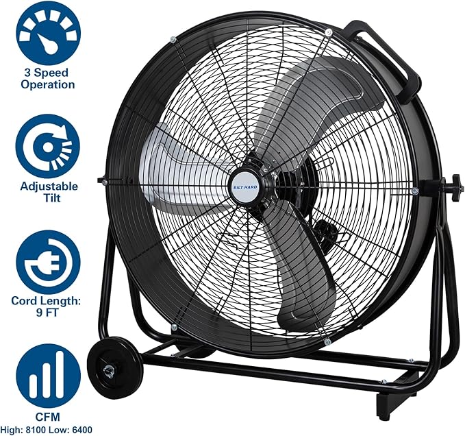 BILT HARD 24" 8100 CFM High Velocity Industrial Drum Fan, 3 Speed Heavy Duty Tilt Metal Shop Fan, Ideal for Garage, Warehouse Factory and Commercial Use, Black