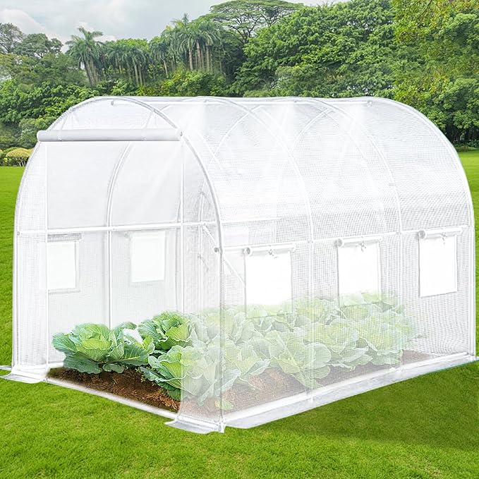 KANAGAWA 10'x7'x 7' Walk-in Tunnel Greenhouse with Watering System Heavy Duty Portable Green House Protect Gardening Plants 1 Zipper Mesh Door, 6 Roll-up Windows, Thickened galvanised Steel,White