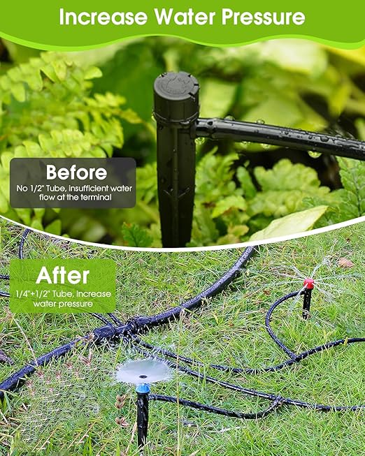 Drip Irrigation System,16Ft+78Ft Connector Micro Garden Watering Plants System Automatic Equipment with 1/2'' Hose 1/4'' Distribution Tubing and Accessories for Lawn Patio Raised Bed